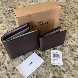NWT Coach Compact ID Sport Calf Leather Mahogany F74991
